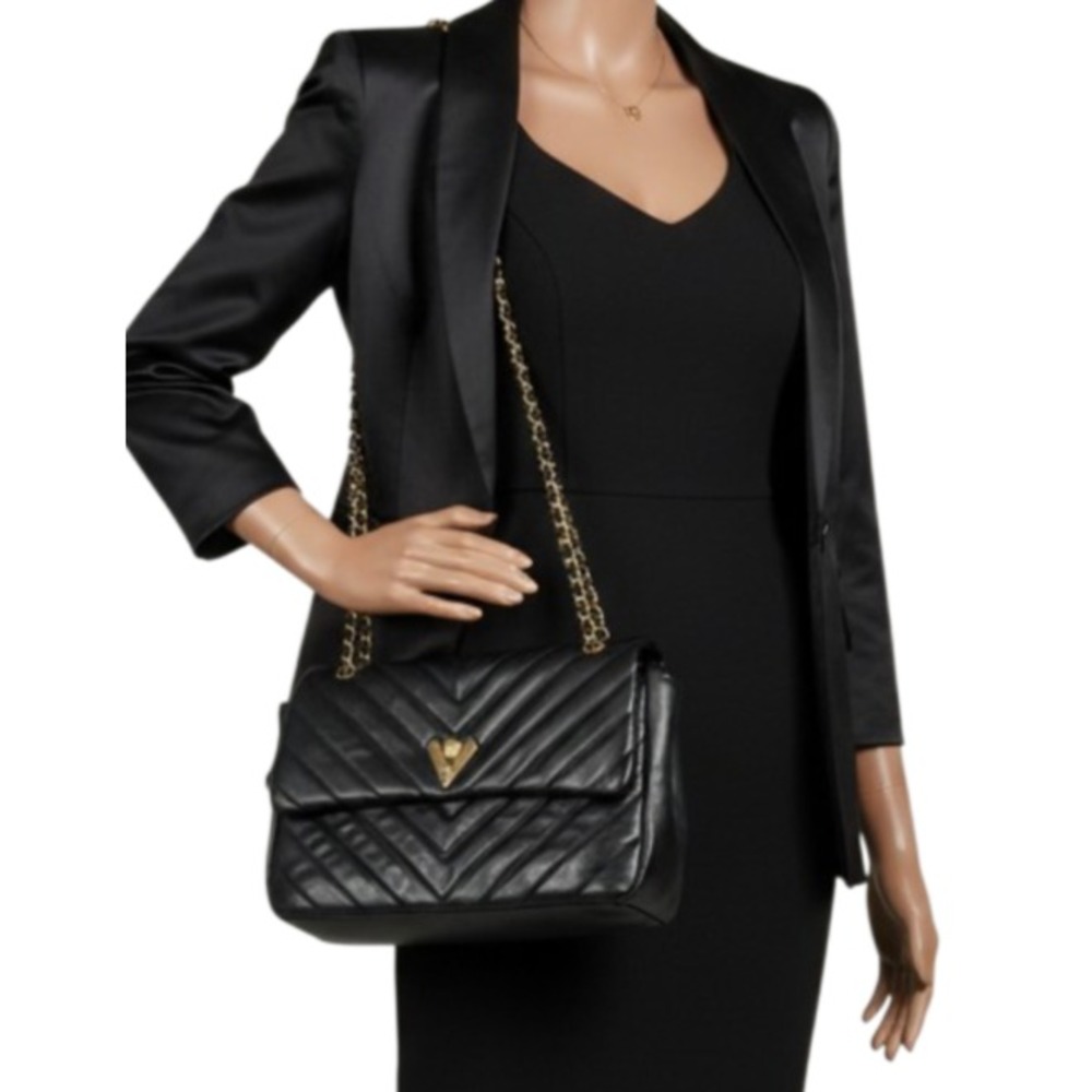 Valentino Orlandi Quilted Chevron Flap Bag Black Vegan Leather Gold Chain Purse